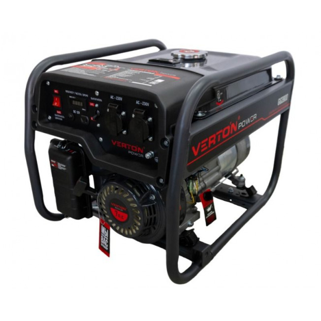 Генератор бенз VERTON POWER GG3900 (2,8/3,2 кВт, 230В, 7л.с., ручной старт, 12В, бак 12л, цифров. дисплей, 4-х тактный)