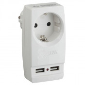 Разветвитель 1 гнездо 16А + 2 USB 2000mA белый, земля SP-1e-USB-W ЭРА